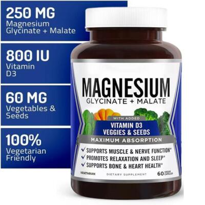 Magnesium Glycinate 250mg With Vitamin D3 B6 Improved Sleep 60 Capsules.