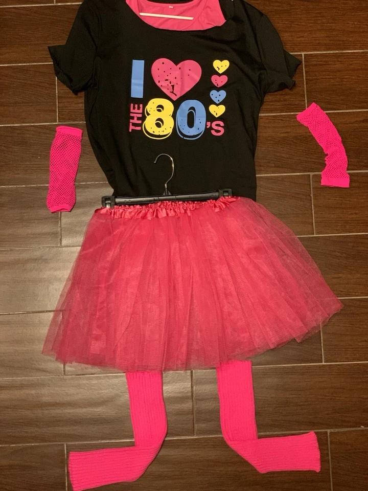 I Love The 80s Halloween Costume Adult Small- Neon Pink,Yellow,Blue - Image 2 of 4