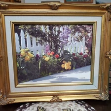 Vintage Gold Scrolled Frame Floral Print Signed on Canvas 14"×12"