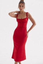 House of CB Valencia Red Satin Corset Midi Dress XS Lace Up Strappy Zip