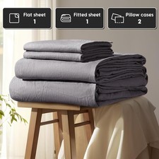 4 Pcs Dark Grey King 100 French Linen Sheets Bed Sheets Breathable Cooling