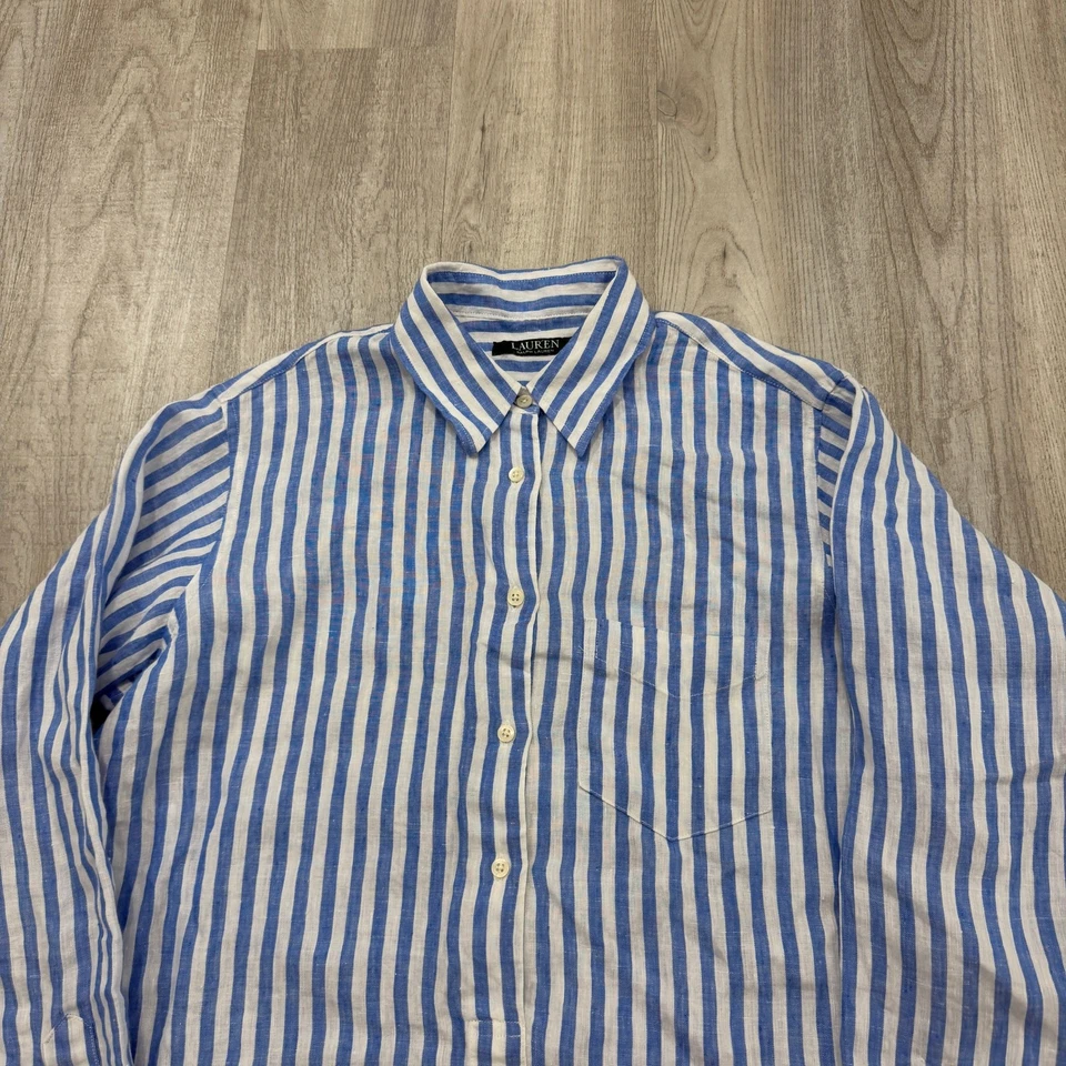 Lauren Ralph Lauren Popover 100% 亚麻衬衫女式中号蓝色白色条纹 — 第 2/4 张图片