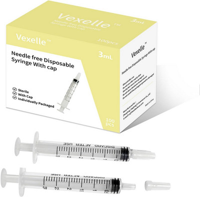 100 Pack 3mL Luer Slip Syringes without Needle, Disposable, Sterile