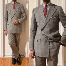 Plaid Men Suits Houndstooth Peak Lapel Double Breasted Vintage Formal Office