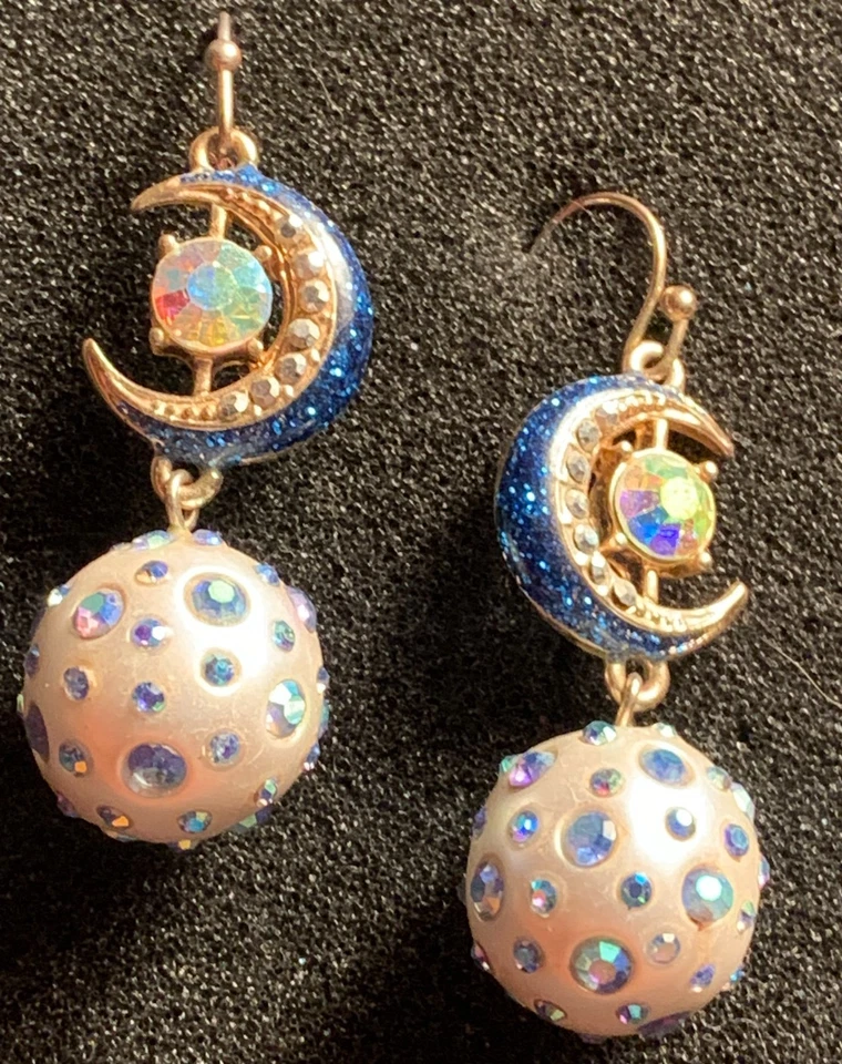 Vintage Betsey Johnson Rare Crystal Moon Celestial Ball Earrings - Image 2 of 4