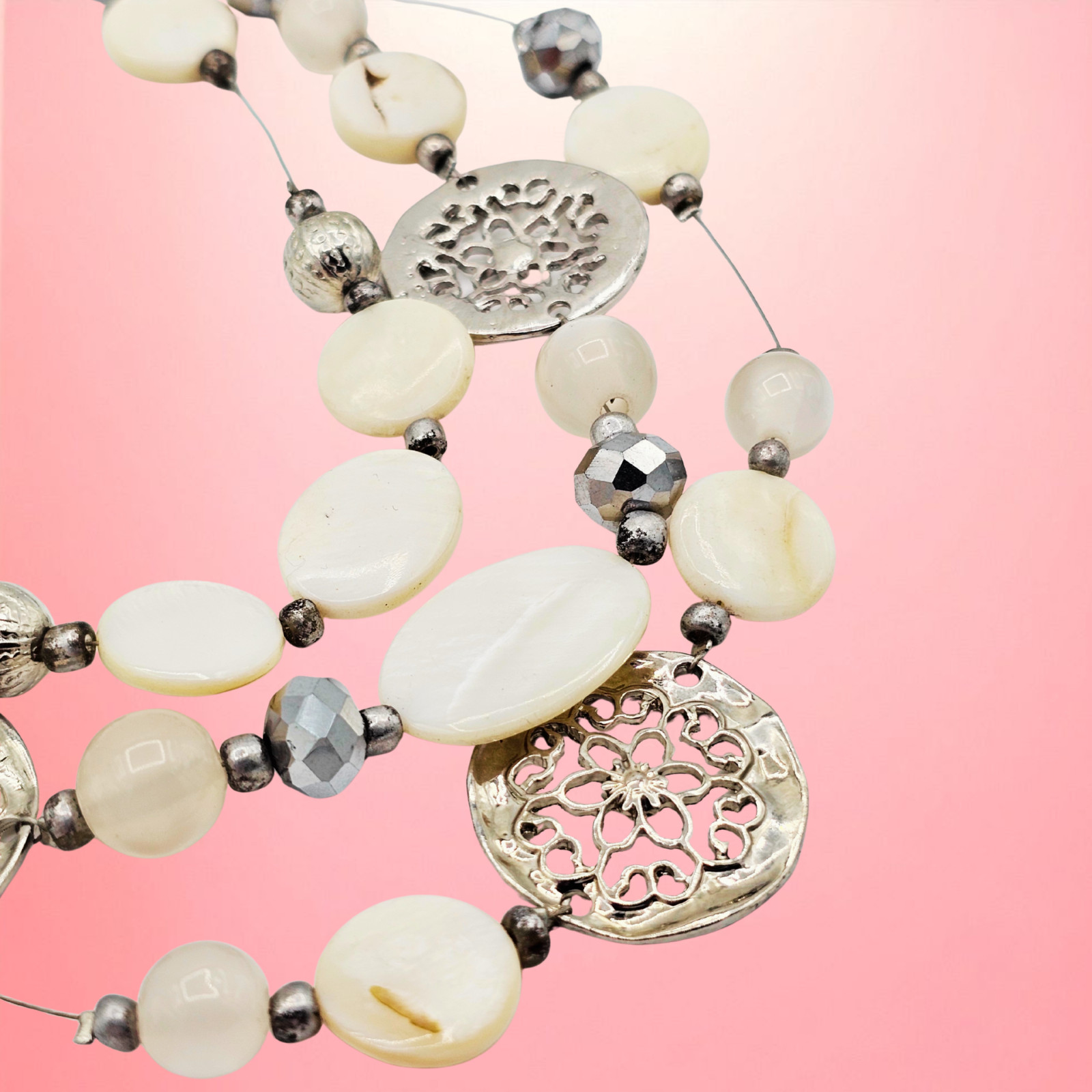 Multi Strand Shell Beaded Statement Necklace Silv… - image 7