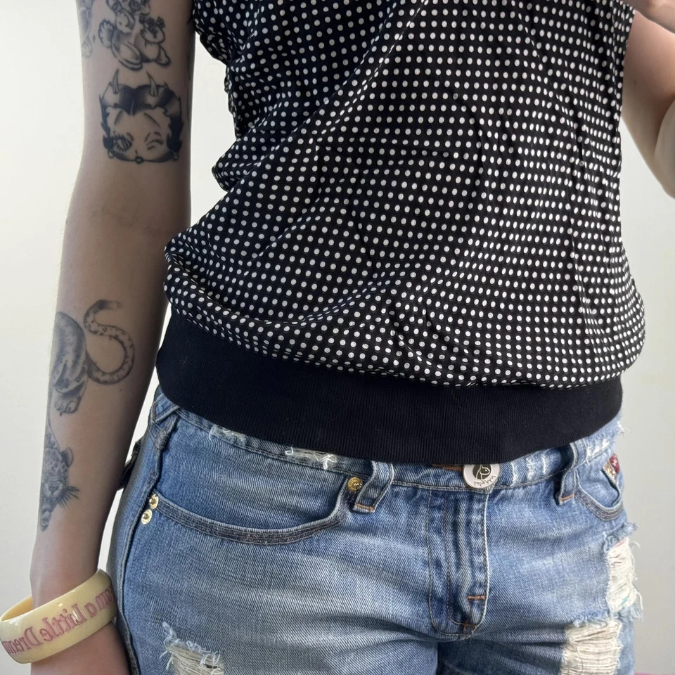 Y2K vintage 100% silk polka dot elastic waistband cami top lace trim black white - Image 4 of 4