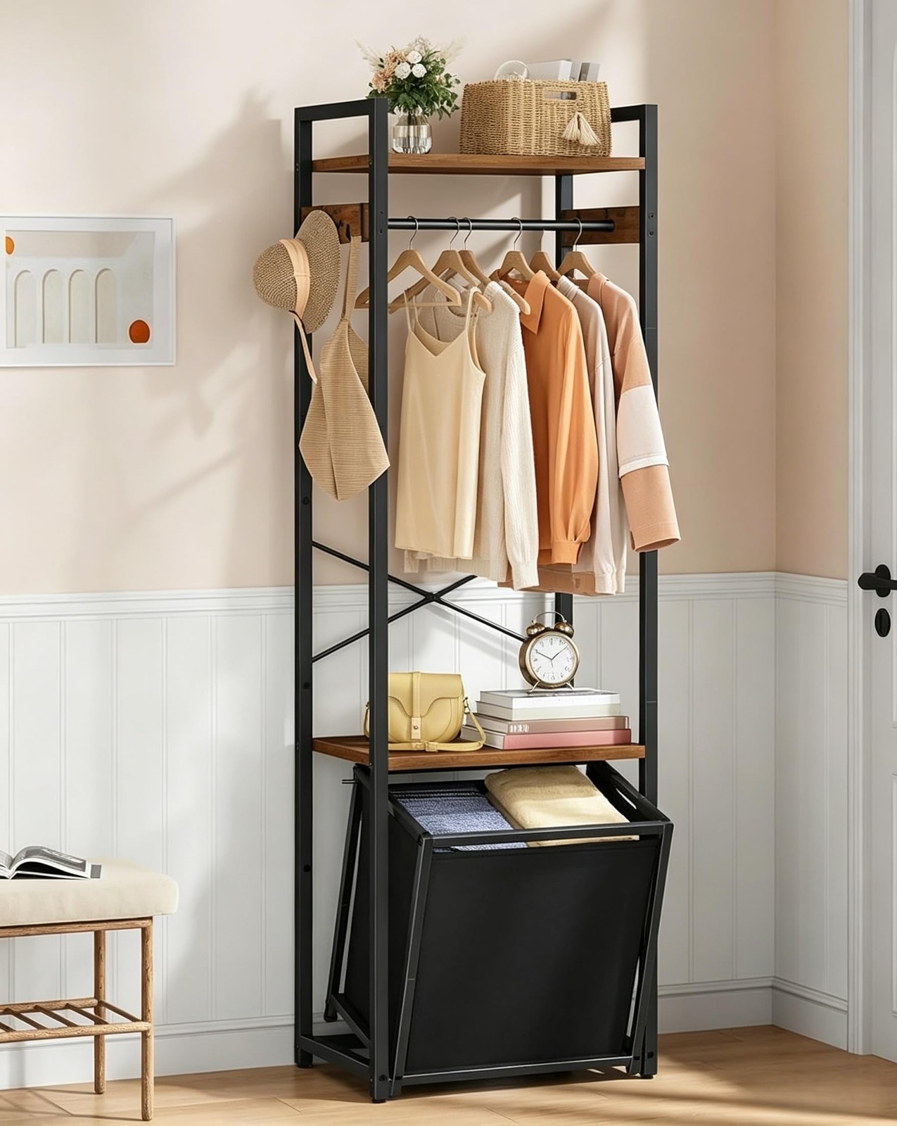 Space-Saving Coat Rack with Tilt Out Laundry Basket, Clothes Garment ...