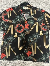 Paradise Found Shirt Men XL Black Ukulele Hawaiian Floral Rayon Tropical Vintage