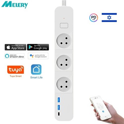 WIFI Tuya App Israeli Plug Smart Power Strip Type-C with 3 Outlet 2USB 1.8M Cord