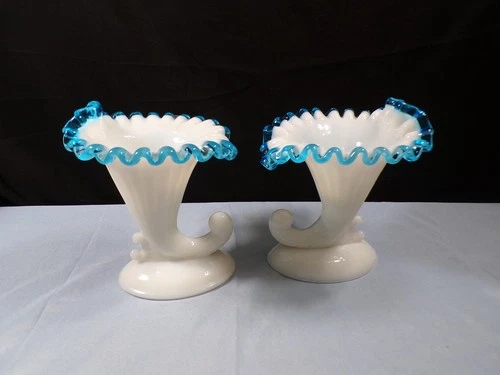 Pair Set of 2 Fenton Milk Glass Aqua Blue Crest Cornucopia Candle Holders