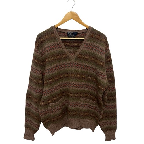Vintage Polo Ralph Lauren maglione lana Fair Isle marrone scollo a V uomo L made in GB