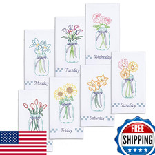 Jack Dempsey Needle Art Mason Jar Bouquets Embroidery Towels Cotton White
