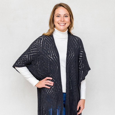Just Bee Shawl Wrap OS Black Open Knit Boho Fringe Festival Kimono Cardigan Cove
