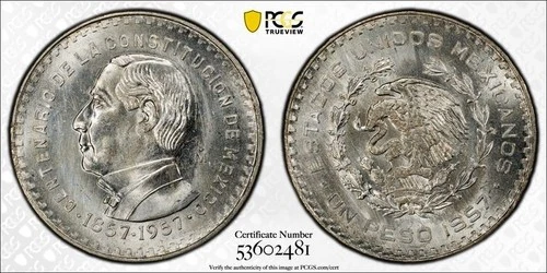 Photo of a 1957 Mexico Un Peso Silver from an eBay listing that sold on Jul 21, 2026
