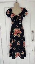 SHEIN Black Pink Colourful Floral Short Sleeve Bow Tie Below Knee Maxi Dress S