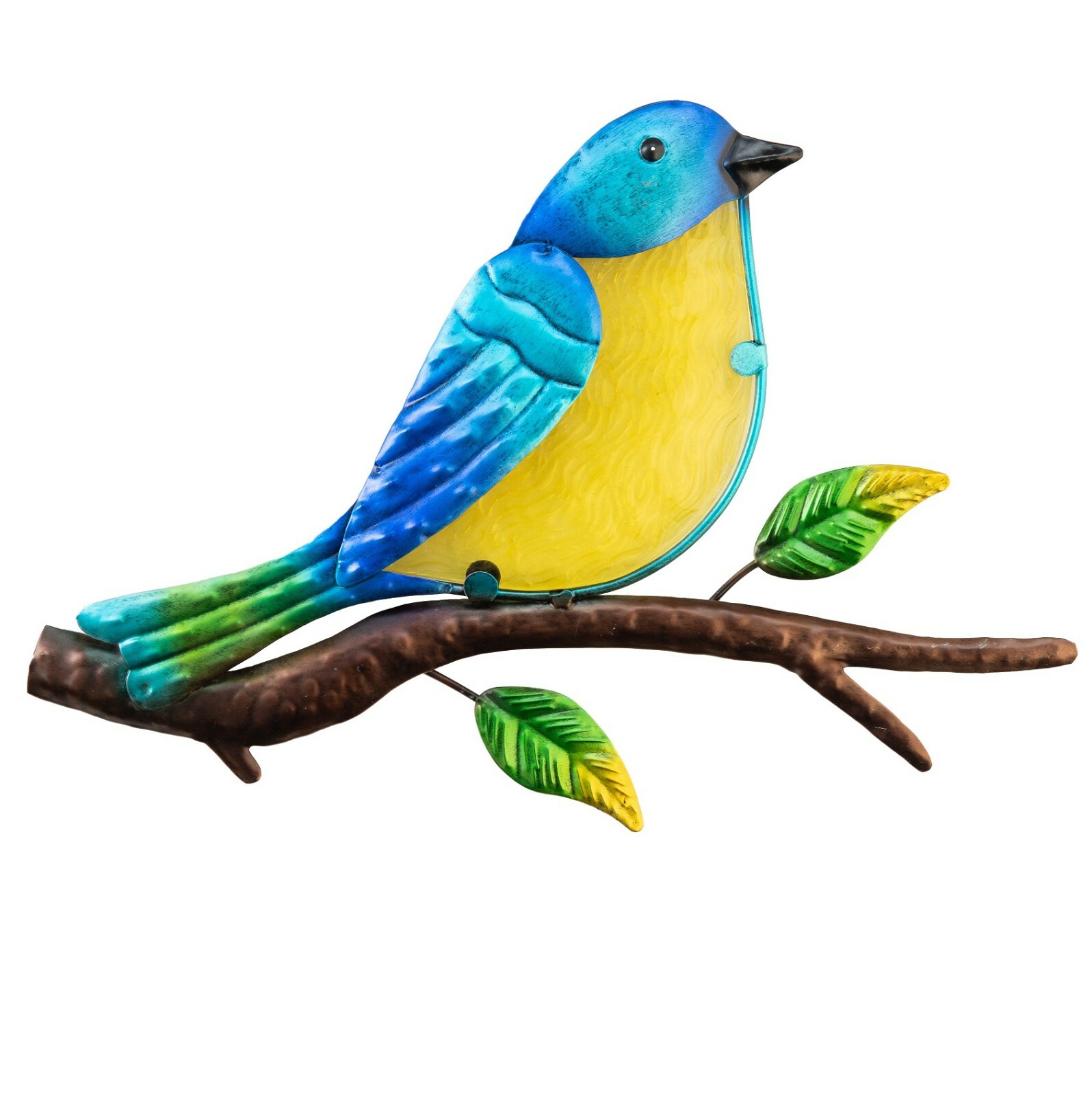 Garden Bird Blue Tit on Branch Wall Art Glass and Metal Garden Décor Wallart