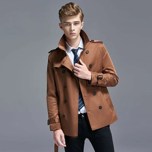 Zweireihiger schmaler Herren-Trenchcoat Frühling britischer Stil kurzer Windbreaker - Bild 27 von 27