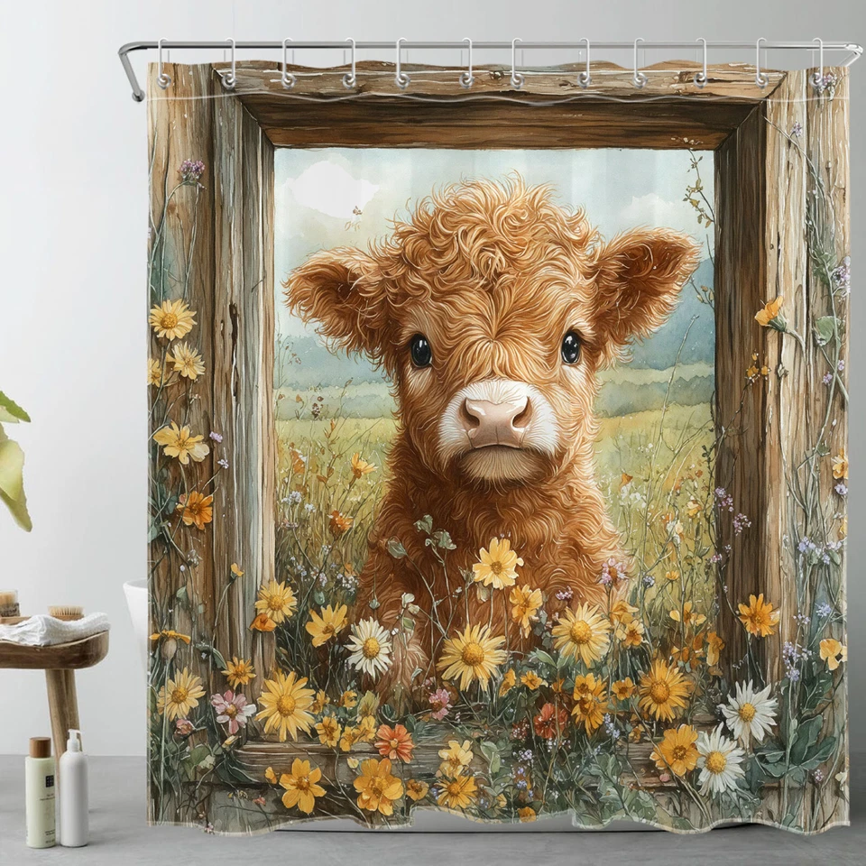 Country Yelllow Wildflower and Cute Cow Shower Curtain Bathroom Accessories Set - Image 3 of 4