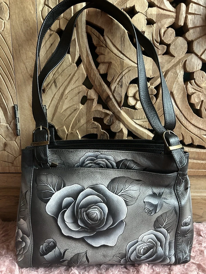 ANUSCHKA LEDER TASCHE UMHÄNGETASCHE MOTIV BLUMEN - Bild 2 von 4