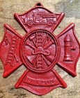 Red Fireman Plaque Maltese Firefighter Cross, cast iron sign 8 x 9 inches RED — photo 1