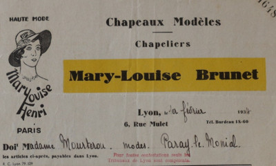 Rechnung LYON 1934 Hut MARY-LOUISE BRUNET rue Mulet illustrierte Mode 92