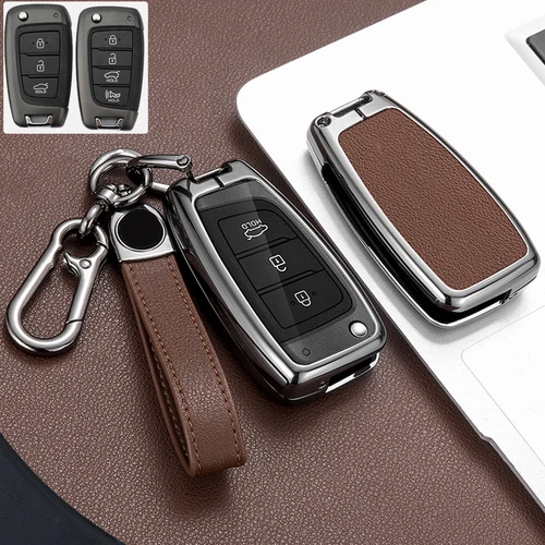 For Hyundai Accent Kona Sonata i30 Zinc Alloy Leather Remote Key Fob Case Cover - Foto 2 di 20