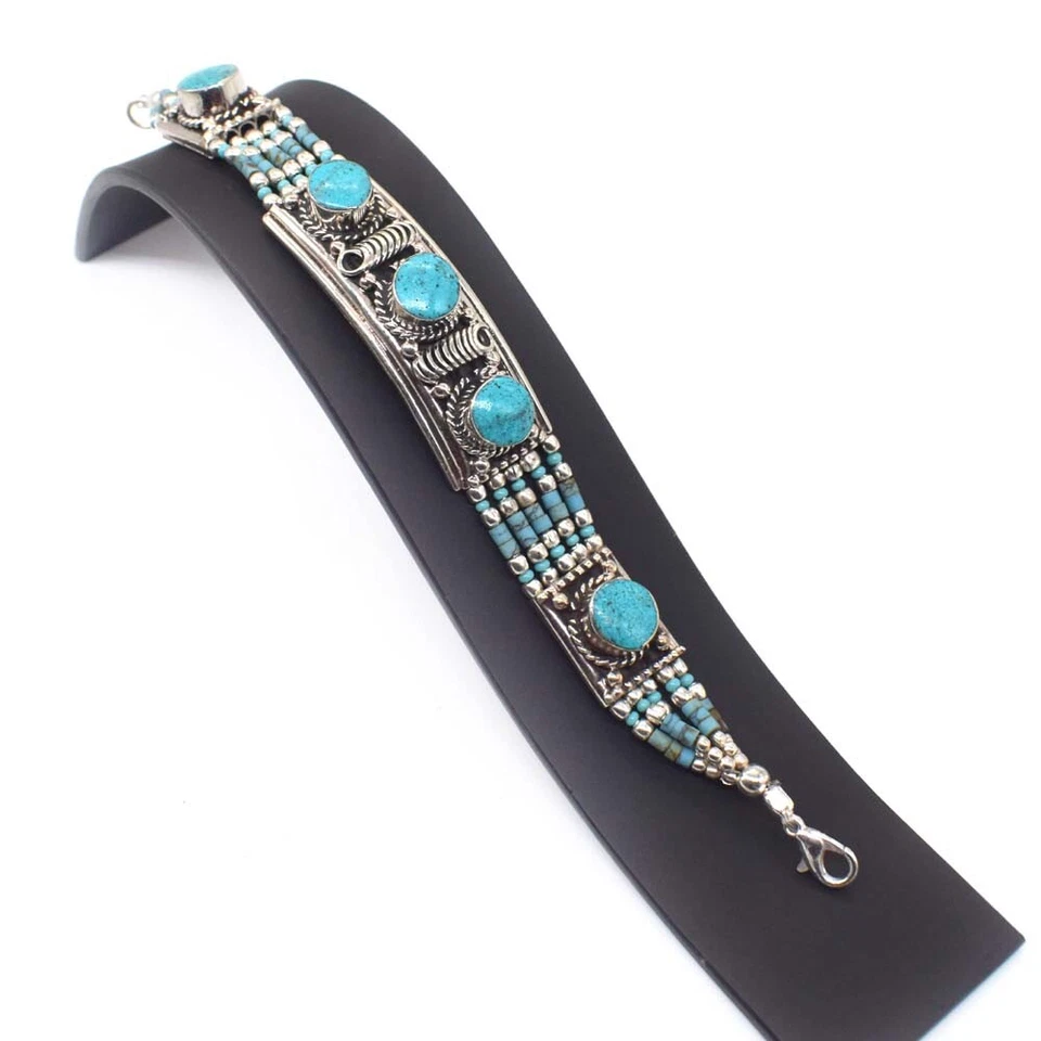 Pulsera Joyería Tibetana Diseño Único Piedras Preciosas Turquesa Vintage 7.5" n214 Foto 2 de 4