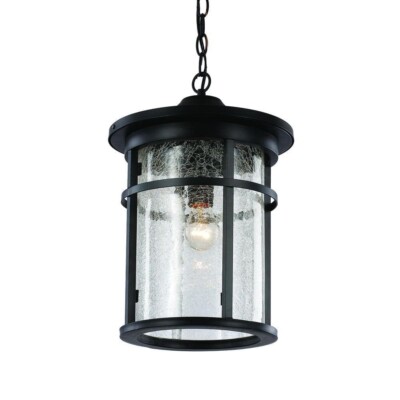 Avalon 11 in. 1-Light Black Hanging Outdoor Pendant Light with Crackled Glass