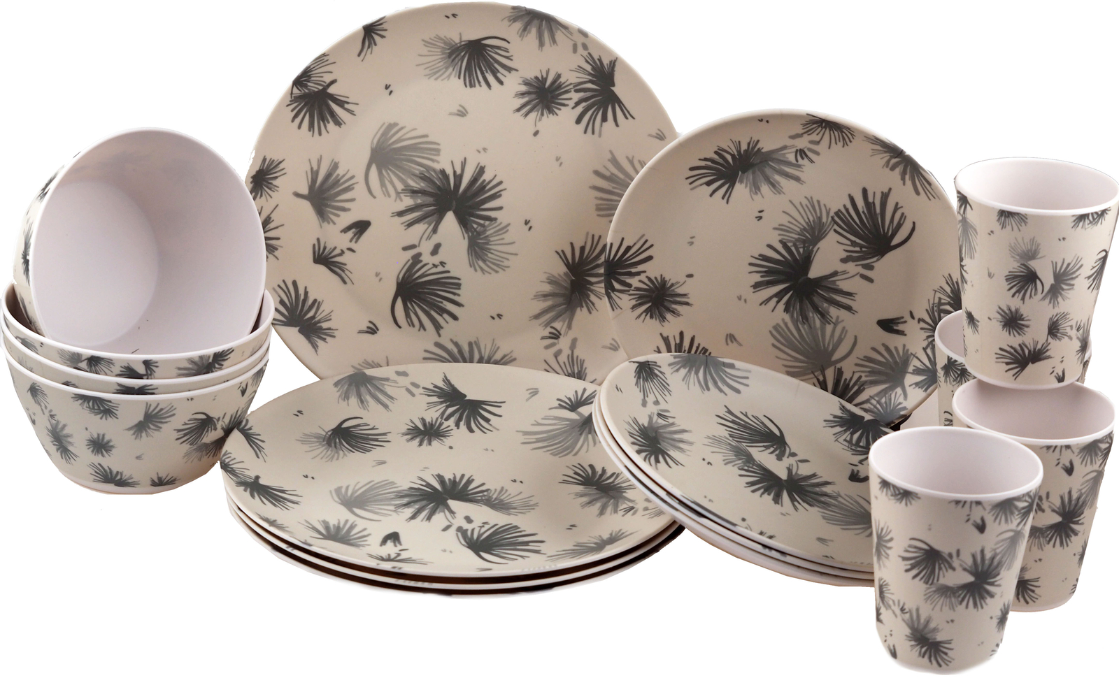 Melamine Plastic Dinner Set - Grey Daisy Design Plate Cup Bowl  (16 Piece Set)
