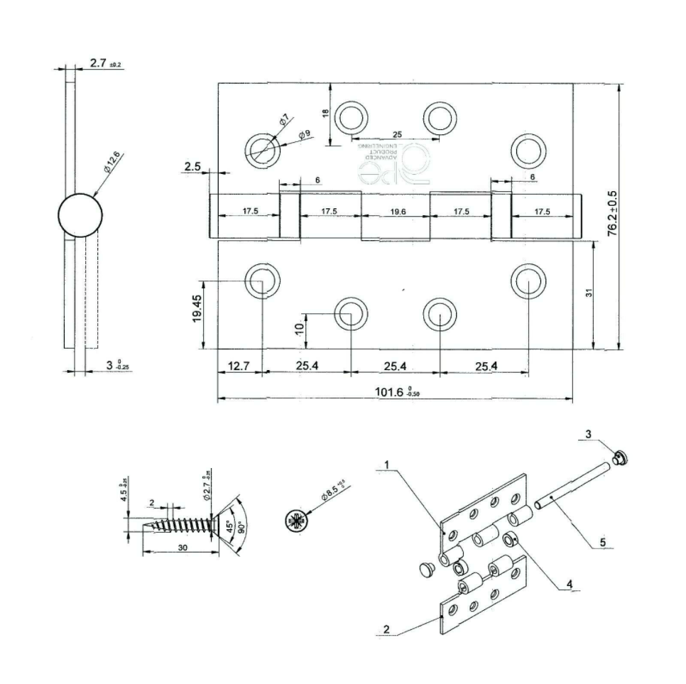 Fire Door Hinge Washer Hinge CE7 Stainless Steel 4x3" 102x76mm inc