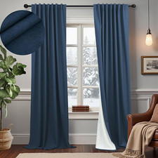 Navy Blue Blackout Curtains 108 Inches Long 2 Panel Large Window Back Tab Pleate
