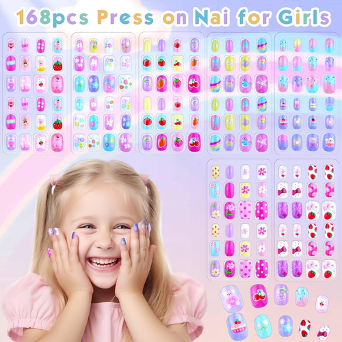 "168 Pcs Kids Press On Nails Set, Assorted Colors & Patterns - Easy Application" - Picture 2 of 10