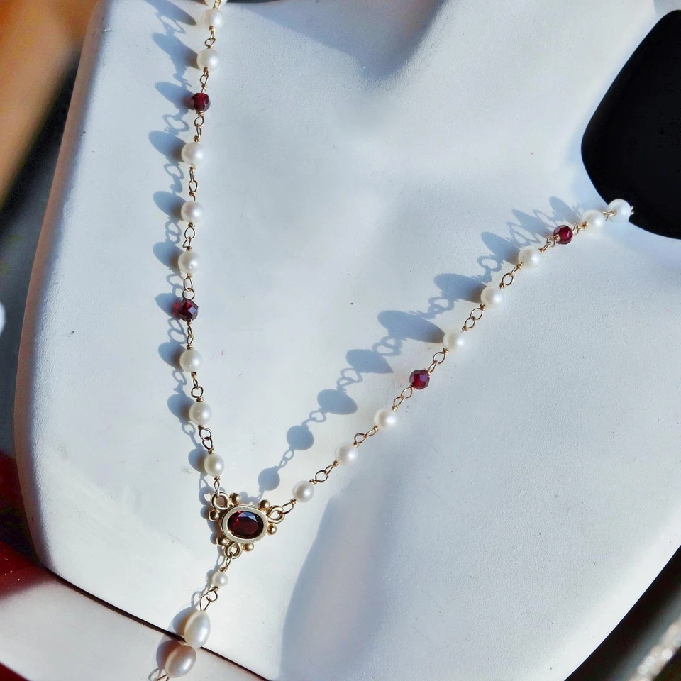 14k yellow gold necklace 0.95ct cultured pearl garnet amethyst bead 16.5"  8.0g - Image 3 of 4