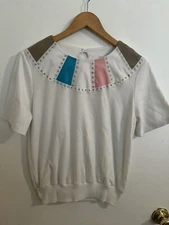 vintage Cottage Core Applique White Short Sleeve Sweater Size S/m Cute! EUC