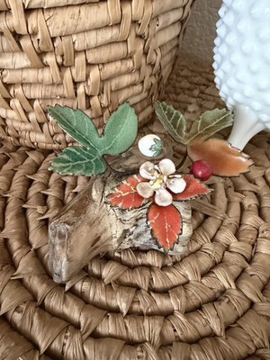 Norman Brumm Enamel Flower & Berries Sculpture Burl Wood MCM Signed
