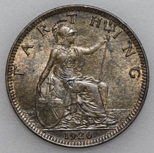 1926 GEORGE V FARTHING, BRITISH BRONZE COIN, AU WITH A LITTLE LUSTER