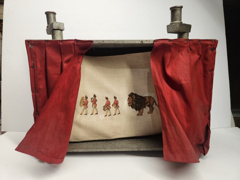 Unique Folk Art Early American Circus Theater - Diecuts Applied On Linen Scroll