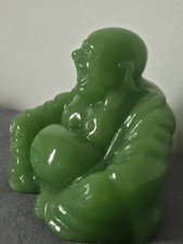 ​Mid-Century Jade Green Laughing Buddha Figurine - 4” Resin Feng Shui Decor