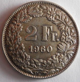 1960 SWITZERLAND 2 FRANCS AU High Quality Silver Coin Lot #J15