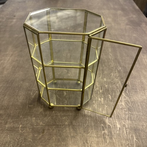 Vintage 8.5” Glass & Brass Jewelry/Mini Display Curio Case Cabinet Octagon read