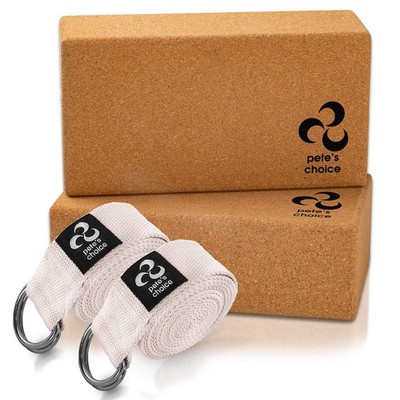 Natural Yoga Cork Blocks & Yoga Straps Firm and Solid Yoga Blocks. 2 Pac...