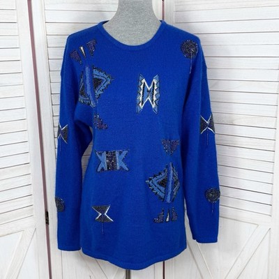 Vintage 80s New York Aspects Sweater Medium Blue Native Beaded Silk Angora Tunic