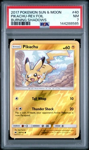 2017 POKEMON SUN & MOON BURNING SHADOWS #40 PIKACHU-REVERSE FOIL PSA 7