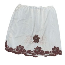 Vintage White Half Slip Brown Floral Lace Trim Elastic Waist 16.5" Long 34 Small