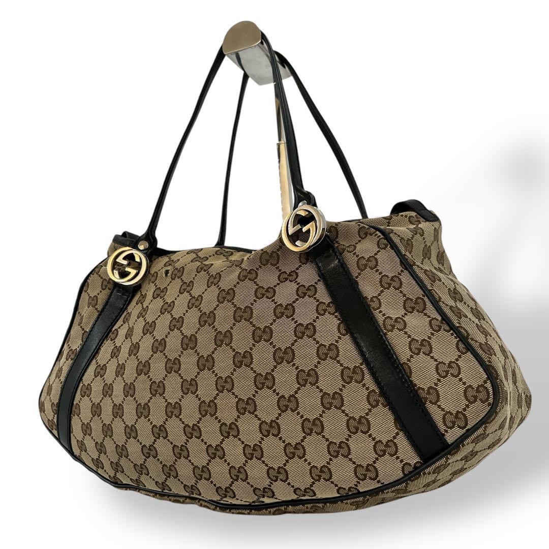 Gucci GG Canvas Tote Bag in Brown with Black Accents and Gold Hardware Shoulder Strap
