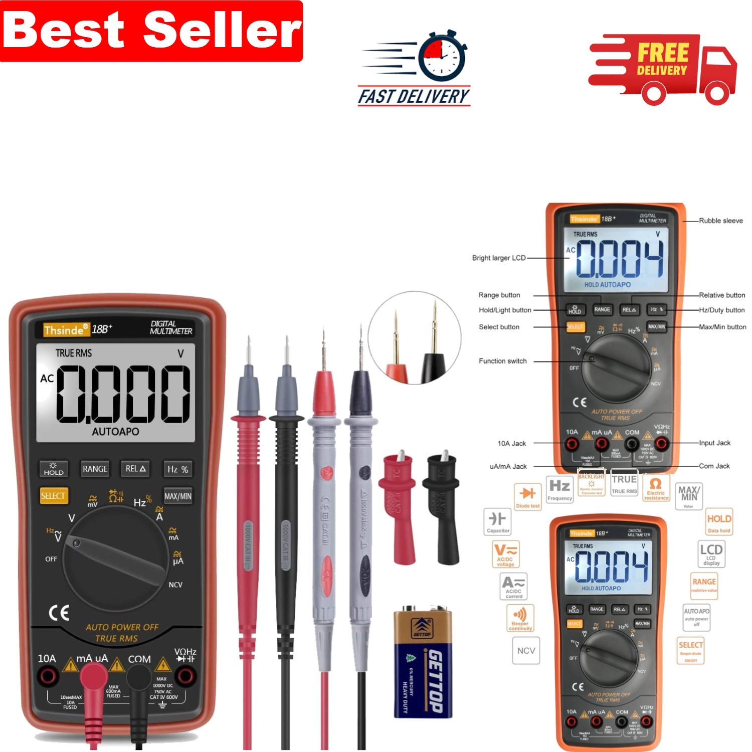 Auto-Ranging Digital Multimeter with Alligator Clips - Backlit LCD Display