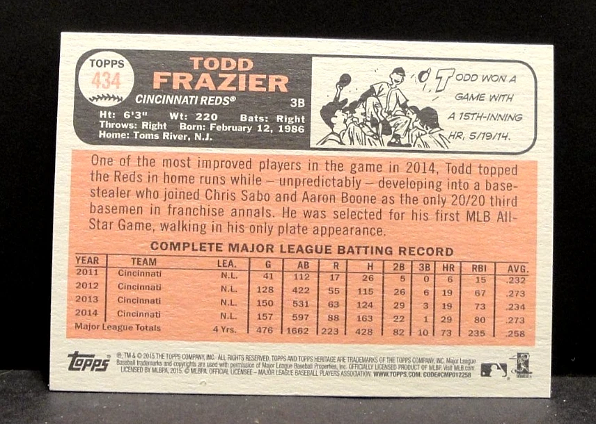 2015 Topps Heritage Baseball # 434 Todd Frazier Reds Short Print NM - Image 2 of 2
