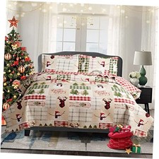 Christmas Quilt Set Size 3-Piece Xmas Bedspread Reversible Full/Queen Beige