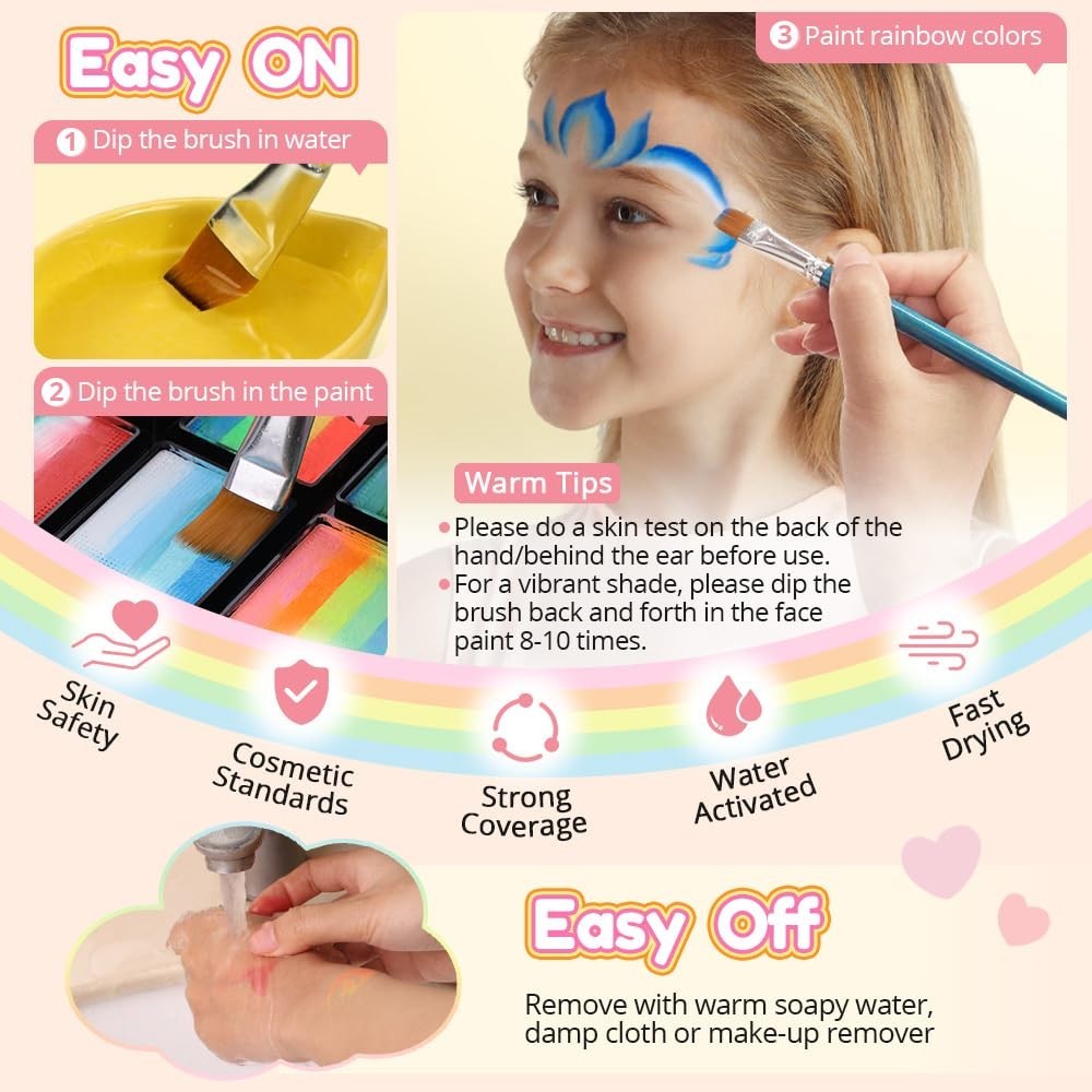Vibrant Rainbow Face Paint Kit - Water Activated for Kids & Festivals, 12 Colors